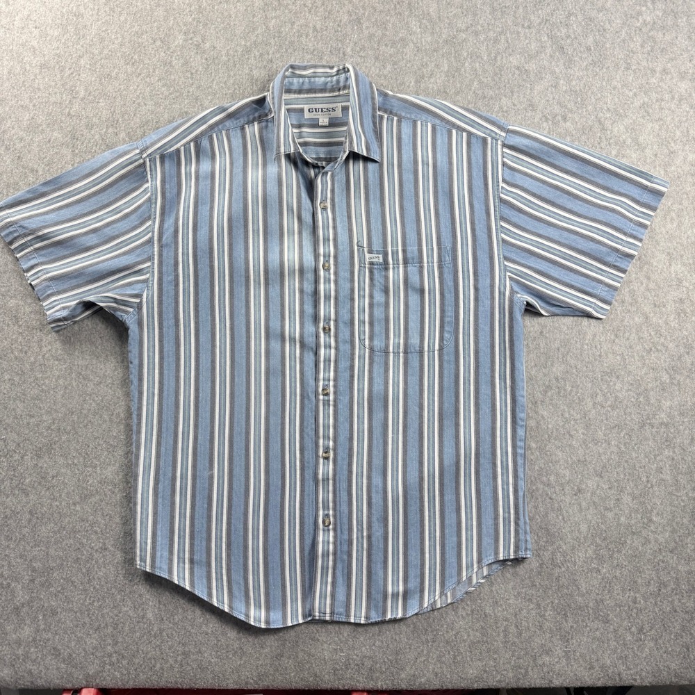 Vtg GUESS Jeans Button Down Shirt Size L Striped Short Sleeve Blue 90s Y2k